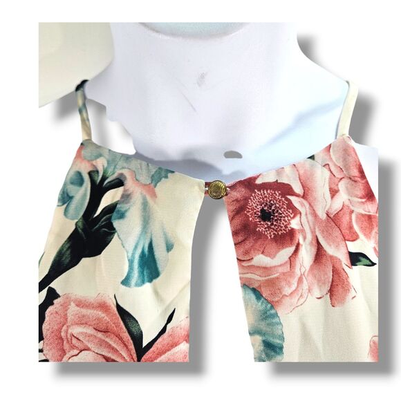 A'GACI Jumpsuit Medium Pink Multicolored Floral Peony Print Halter Wide-Leg Pant - Picture 11 of 16